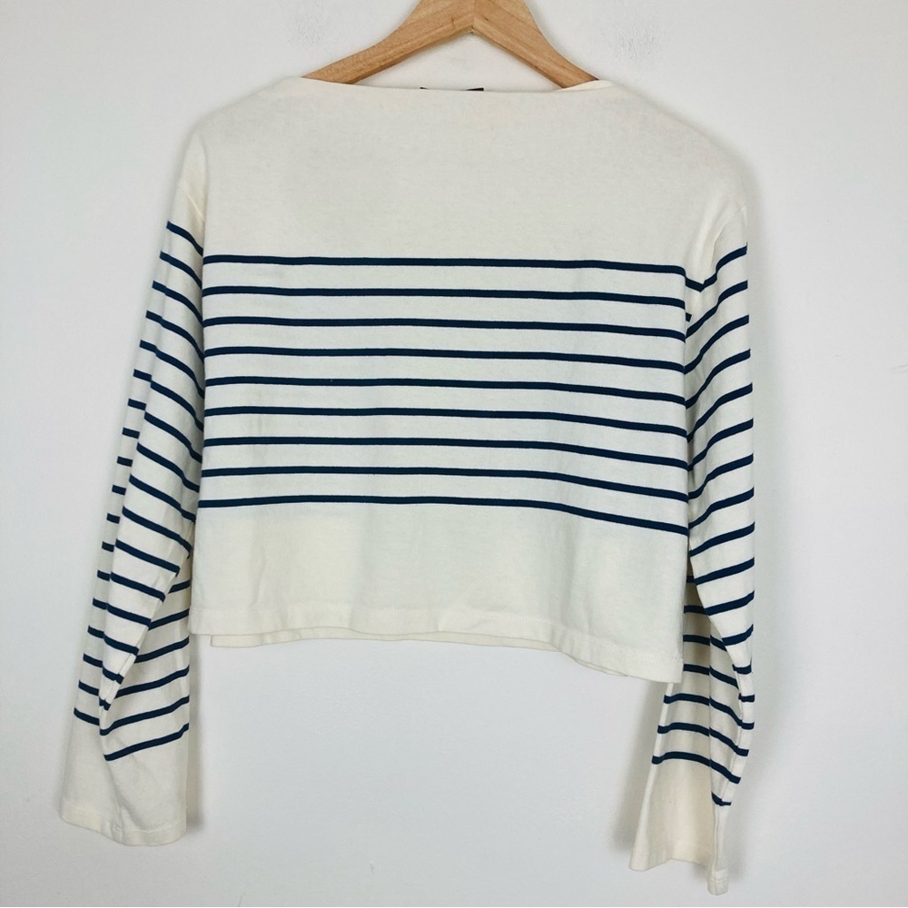 J. Crew white and navy Breton striped long sleeve cropped sailor top. Medium - Picture 6 of 8
